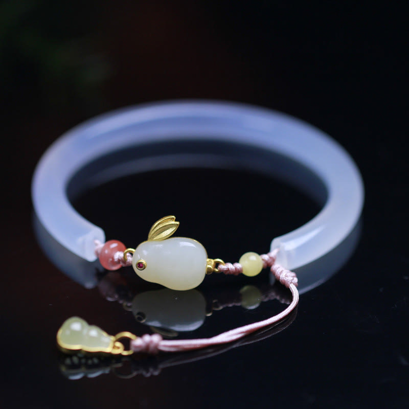EverestArtstudios Natural White Agate Hetian Jade Rabbit Positive Bracelet Bangle