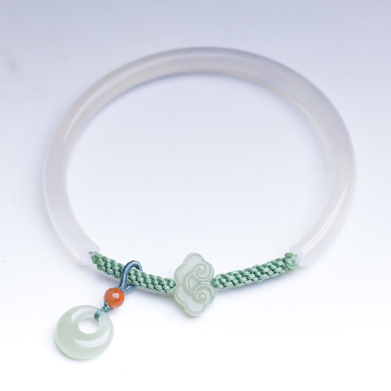 EverestArtstudios Natural White Agate Hetian Jade Peace Buckle Auspicious Clouds Positive Bracelet Bangle