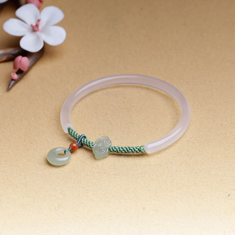 EverestArtstudios Natural White Agate Hetian Jade Peace Buckle Auspicious Clouds Positive Bracelet Bangle