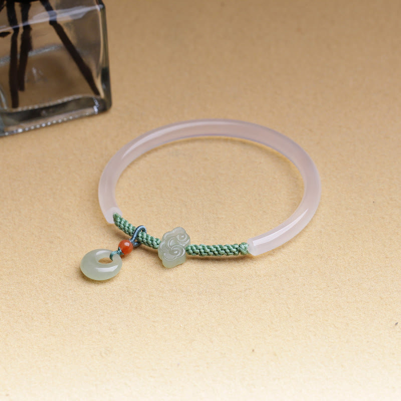 EverestArtstudios Natural White Agate Hetian Jade Peace Buckle Auspicious Clouds Positive Bracelet Bangle