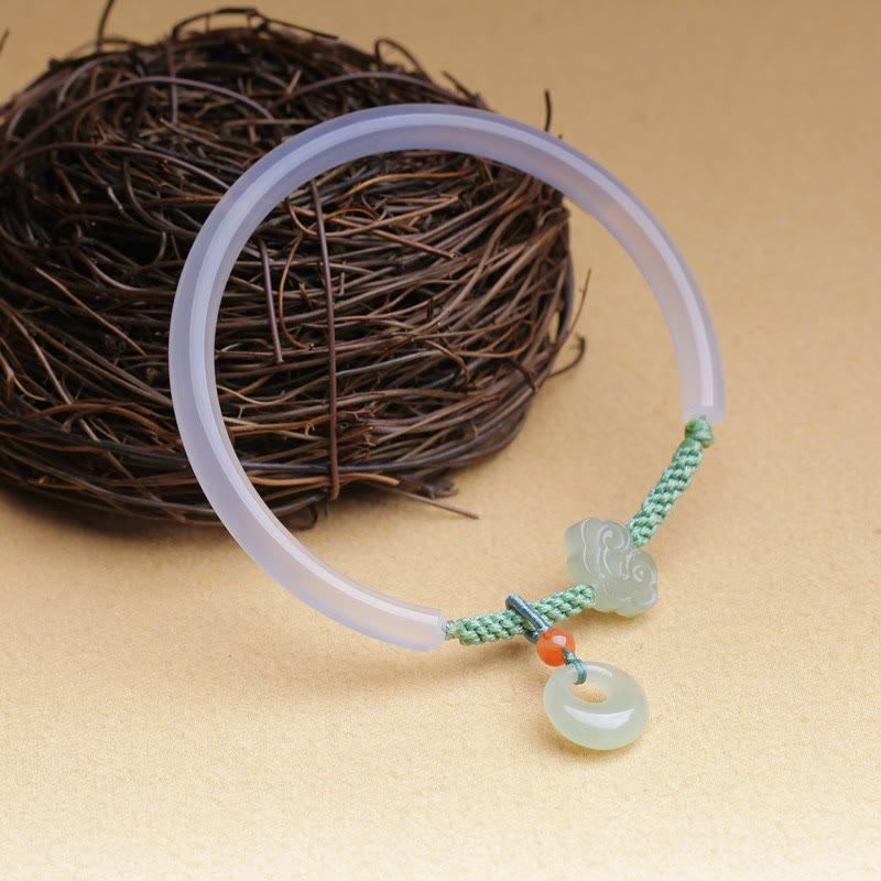 EverestArtstudios Natural White Agate Hetian Jade Peace Buckle Auspicious Clouds Positive Bracelet Bangle