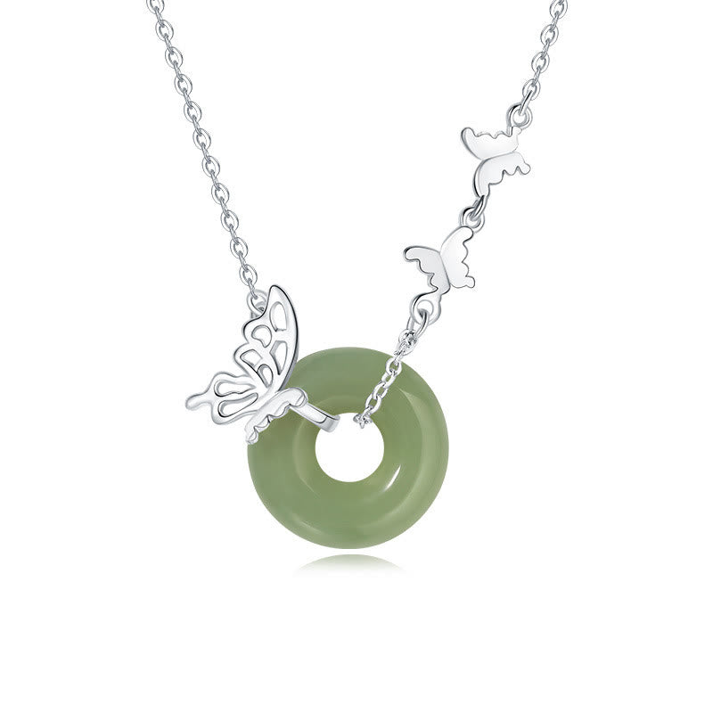 EverestArtstudios 925 Sterling Silver Natural Hetian Jade Peace Buckle Butterfly Luck Prosperity Bracelet Necklace Pendant