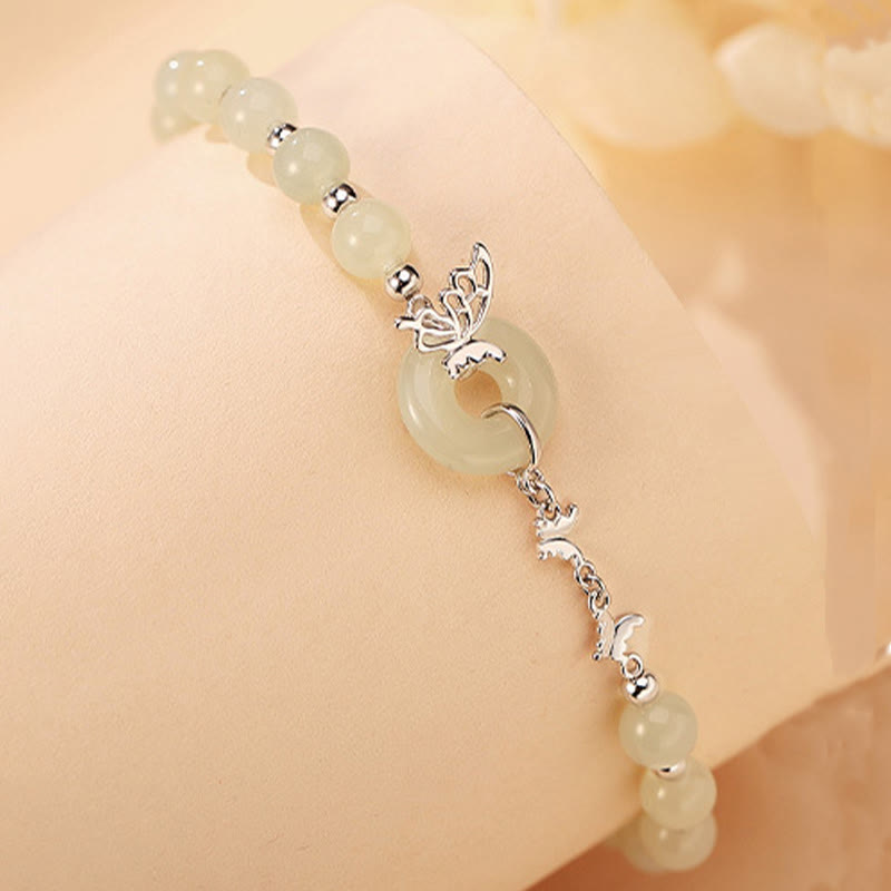 EverestArtstudios 925 Sterling Silver Natural Hetian Jade Peace Buckle Butterfly Luck Prosperity Bracelet Necklace Pendant