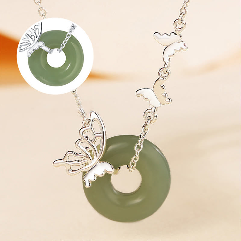EverestArtstudios 925 Sterling Silver Natural Hetian Jade Peace Buckle Butterfly Luck Prosperity Bracelet Necklace Pendant