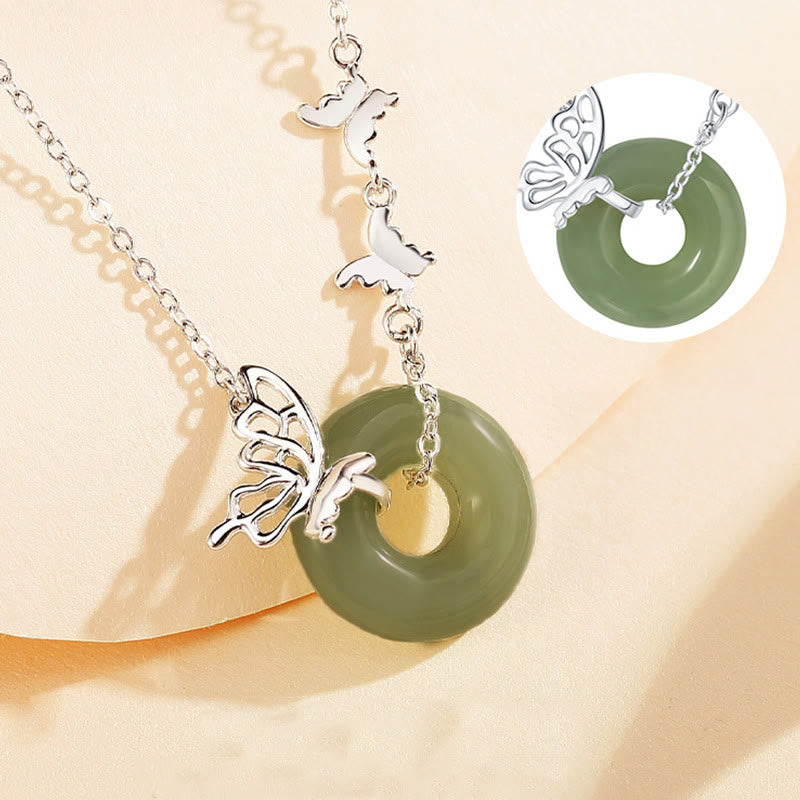 EverestArtstudios 925 Sterling Silver Natural Hetian Jade Peace Buckle Butterfly Luck Prosperity Bracelet Necklace Pendant