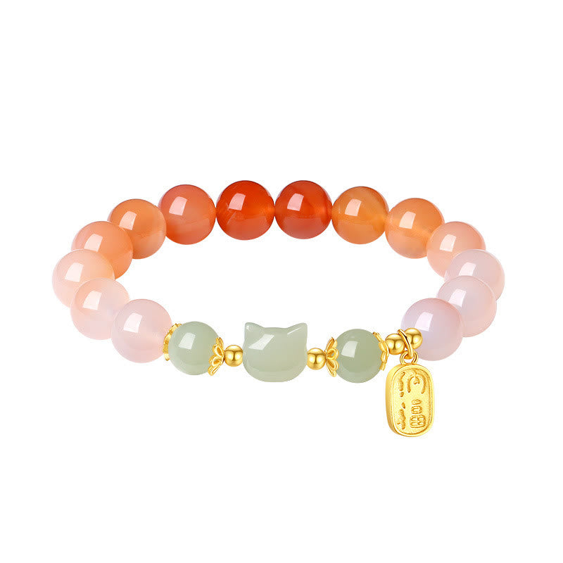 EverestArtstudios 925 Sterling Silver Red Agate Hetian Jade Cat Fu Character Confidence Bracelet
