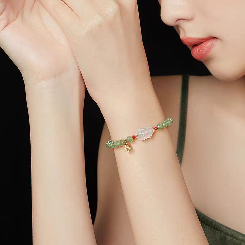EverestArtstudios Natural Hetian Jade Agate Rabbit Copper Coin Luck Bracelet