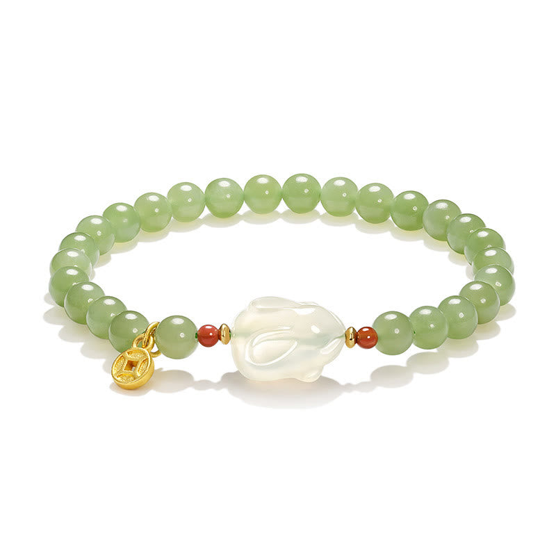 EverestArtstudios Natural Hetian Jade Agate Rabbit Copper Coin Luck Bracelet