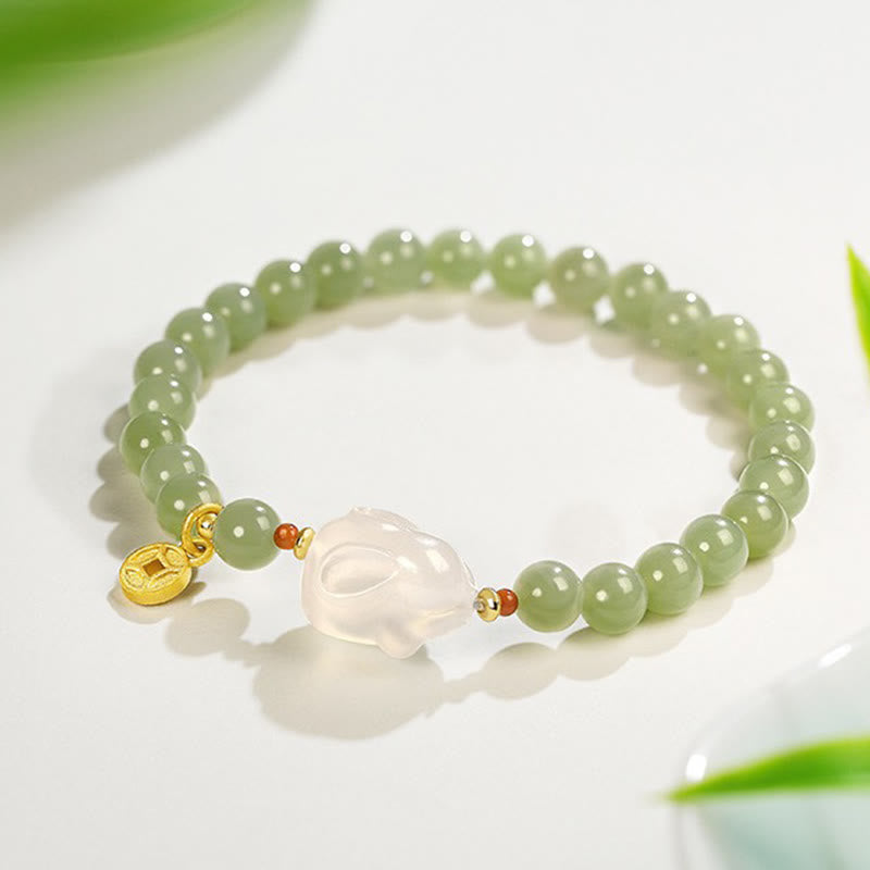 EverestArtstudios Natural Hetian Jade Agate Rabbit Copper Coin Luck Bracelet