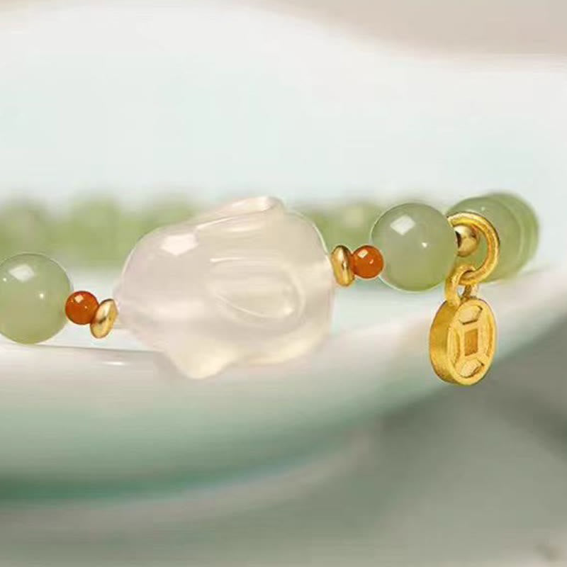 EverestArtstudios Natural Hetian Jade Agate Rabbit Copper Coin Luck Bracelet