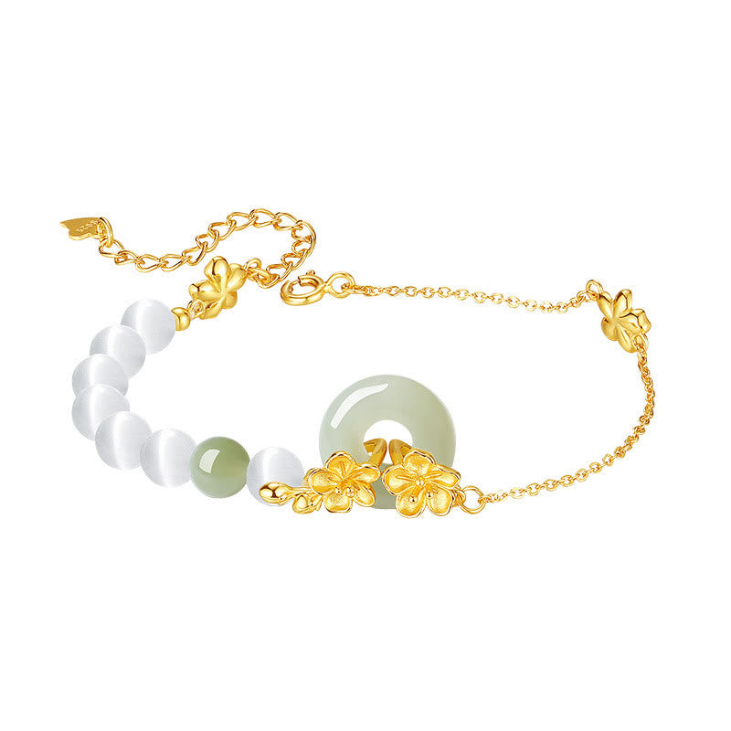 EverestArtstudios 999 Sterling Silver Natural Hetian Jade Peace Buckle Peach Blossom Luck Bracelet