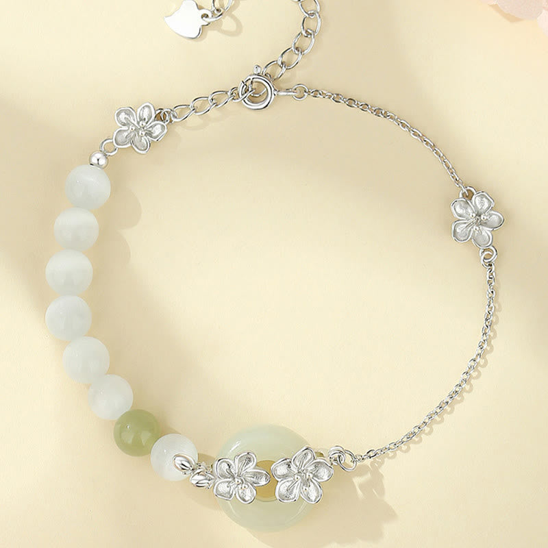 EverestArtstudios 999 Sterling Silver Natural Hetian Jade Peace Buckle Peach Blossom Luck Bracelet