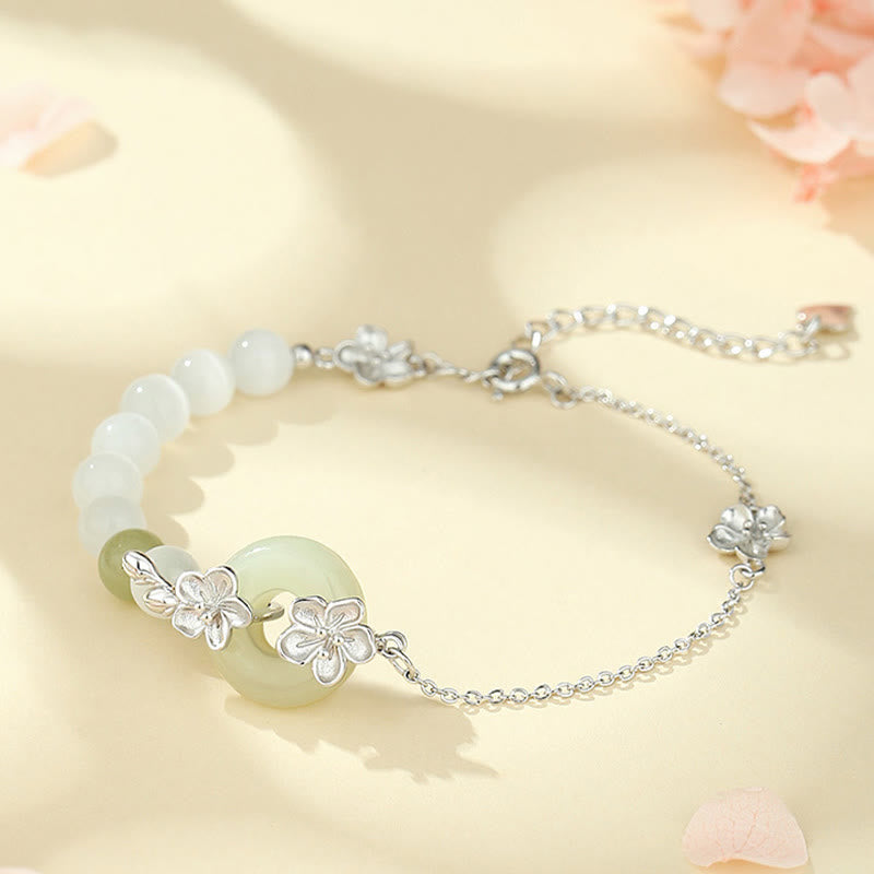 EverestArtstudios 999 Sterling Silver Natural Hetian Jade Peace Buckle Peach Blossom Luck Bracelet