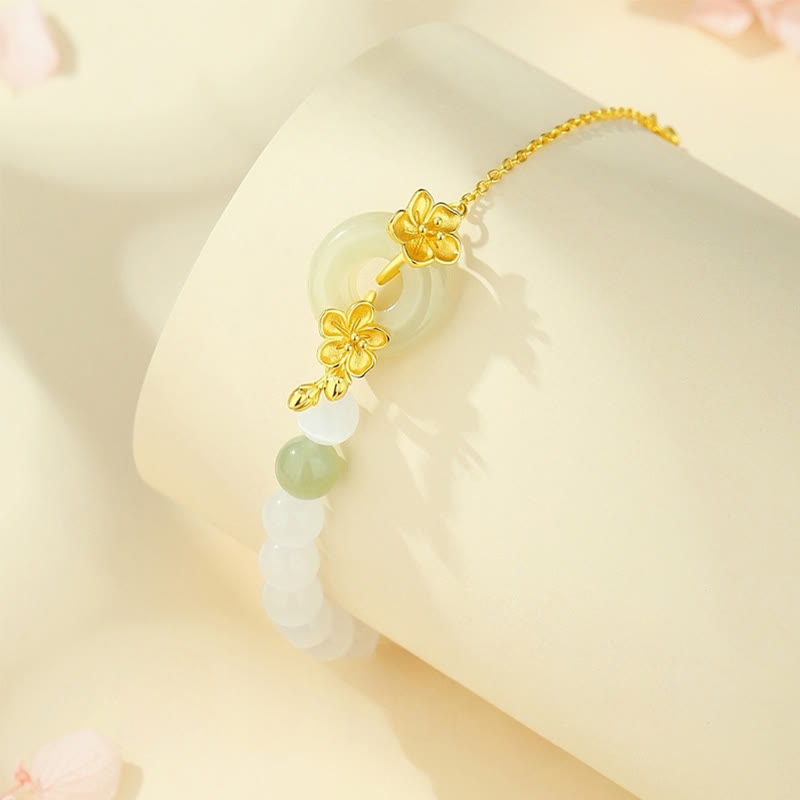 EverestArtstudios 999 Sterling Silver Natural Hetian Jade Peace Buckle Peach Blossom Luck Bracelet