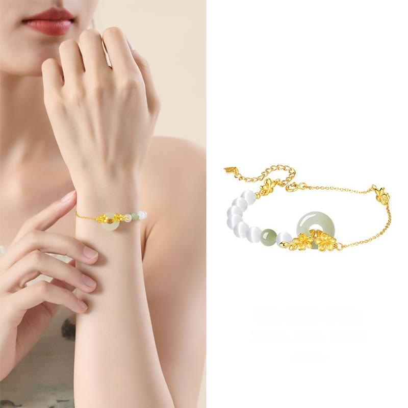 EverestArtstudios 999 Sterling Silver Natural Hetian Jade Peace Buckle Peach Blossom Luck Bracelet
