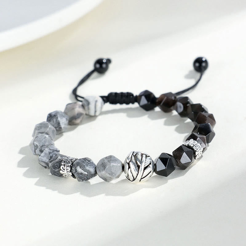 EverestArtstudios Natural Irregular Cut Obsidian Grey Jasper 925 Sterling Silver Rolled Leaf Bead Protection Bracelet