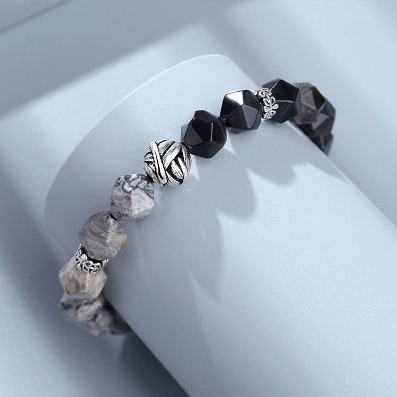 EverestArtstudios Natural Irregular Cut Obsidian Grey Jasper 925 Sterling Silver Rolled Leaf Bead Protection Bracelet