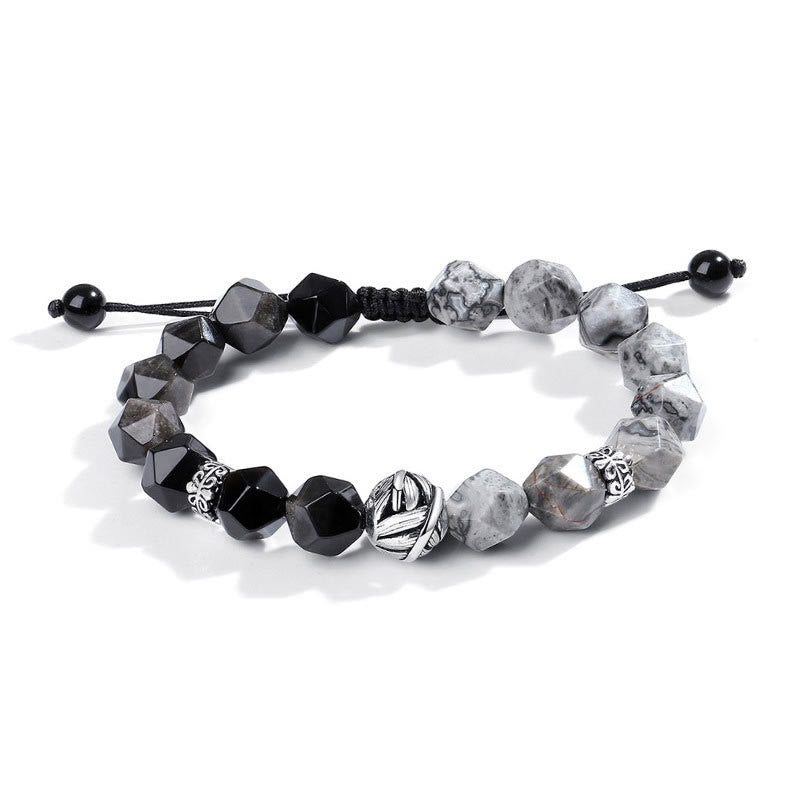 EverestArtstudios Natural Irregular Cut Obsidian Grey Jasper 925 Sterling Silver Rolled Leaf Bead Protection Bracelet