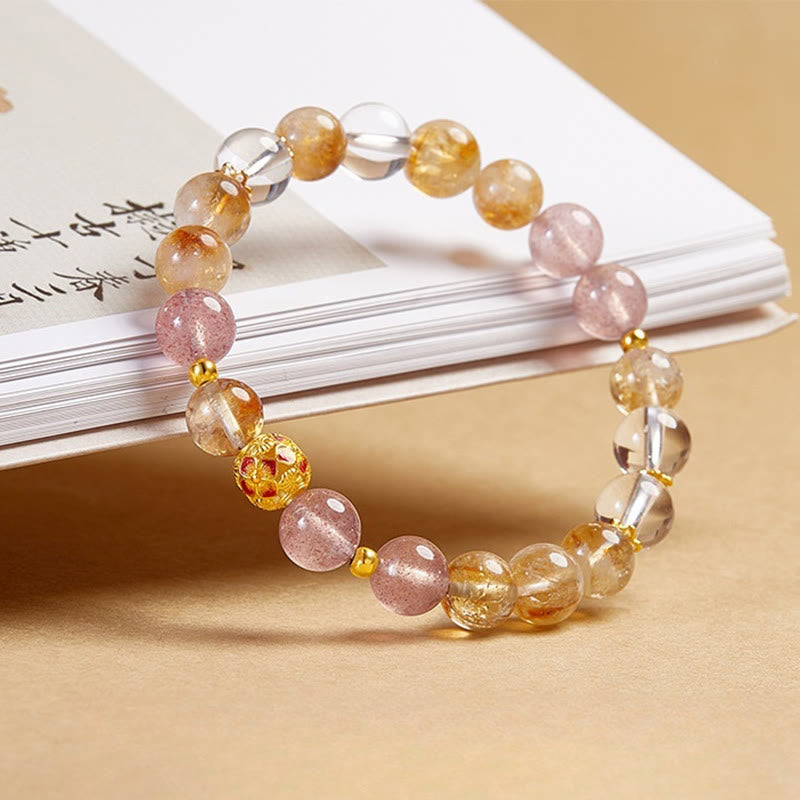 EverestArtstudios 999 Sterling Silver Citrine Strawberry Quartz White Crystal Protection Bracelet