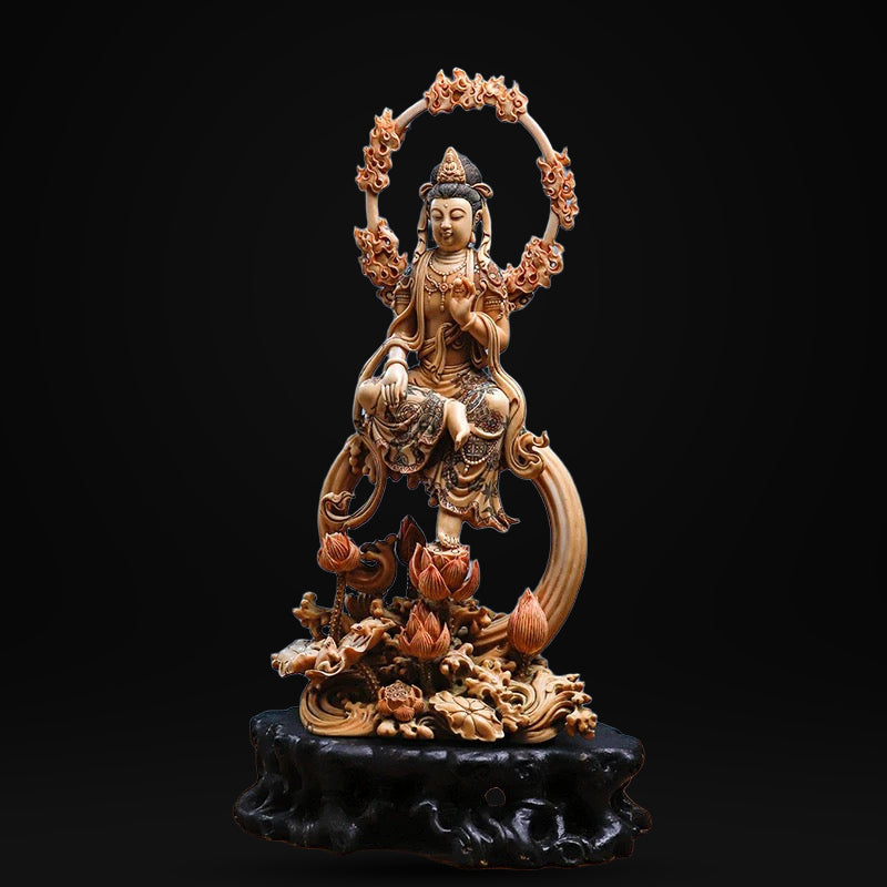 EverestArtStudios Natural Reclaimed Mammoth Ivory Water Moon Guanyin Avalokiteshvara Statue, Hand Carved Bodhisattva Sculpture, Buddhist Altar Decor, Collectible Art