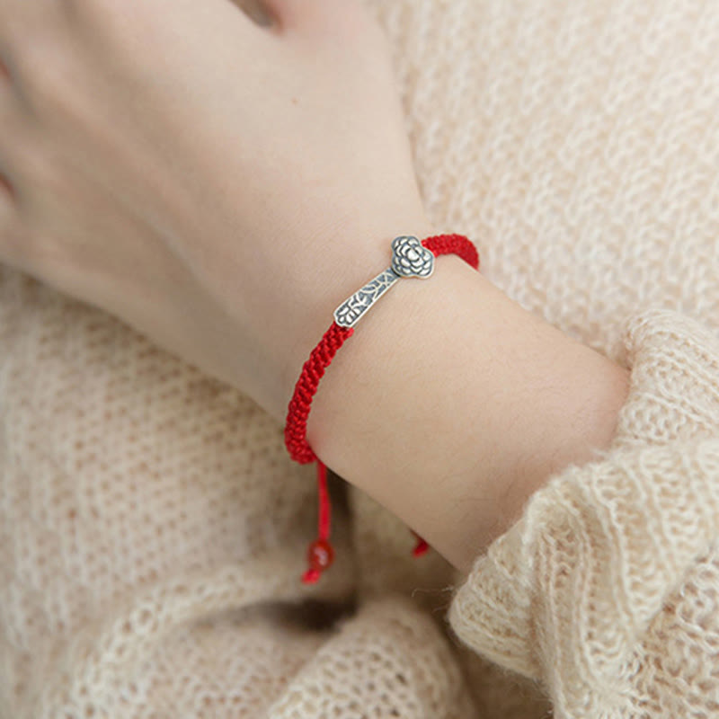 EverestArtStudios Vintage 925 Sterling Silver Ruyi As One Wishes Red Cord Woven Fortune Bracelet