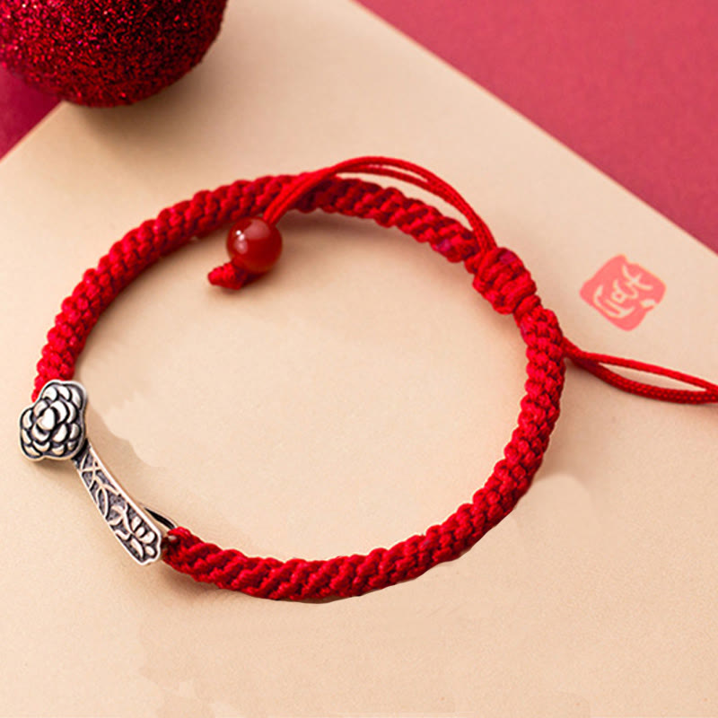 EverestArtStudios Vintage 925 Sterling Silver Ruyi As One Wishes Red Cord Woven Fortune Bracelet