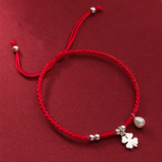 EverestArtStudios Vintage 925 Sterling Silver Four Leaf Clover Pearl Fortune Red Cord Bracelet