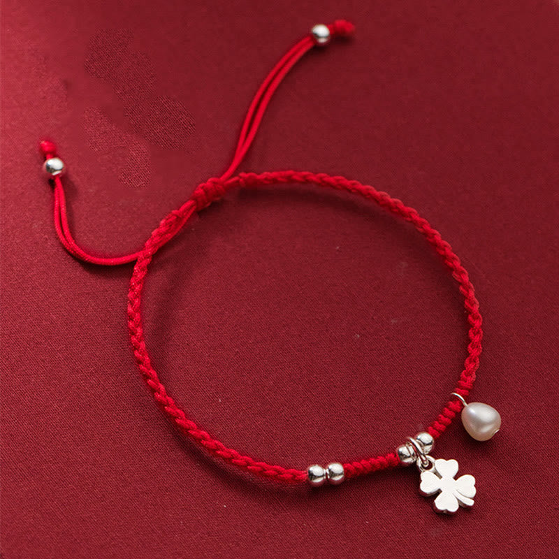 EverestArtStudios Vintage 925 Sterling Silver Four Leaf Clover Pearl Fortune Red Cord Bracelet