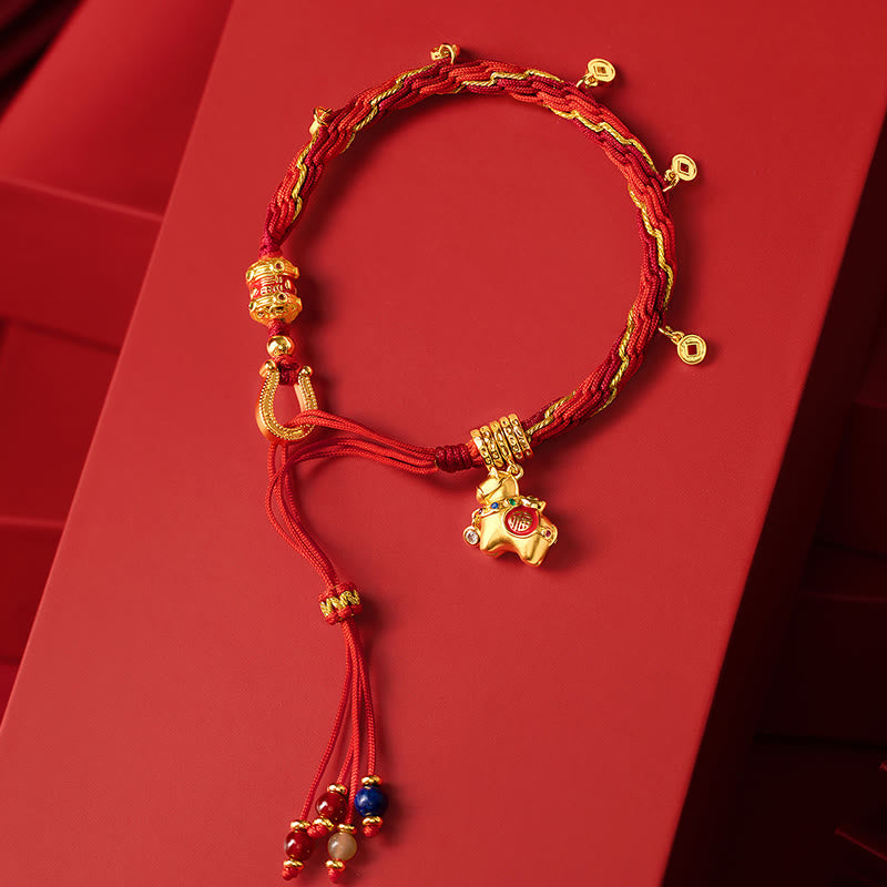 EverestArtStudios Copper Plated 18k Gold Year Of The Horse Fu Character Red String Luck Braided Bracelet