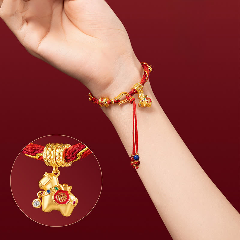 EverestArtStudios Copper Plated 18k Gold Year Of The Horse Fu Character Red String Luck Braided Bracelet