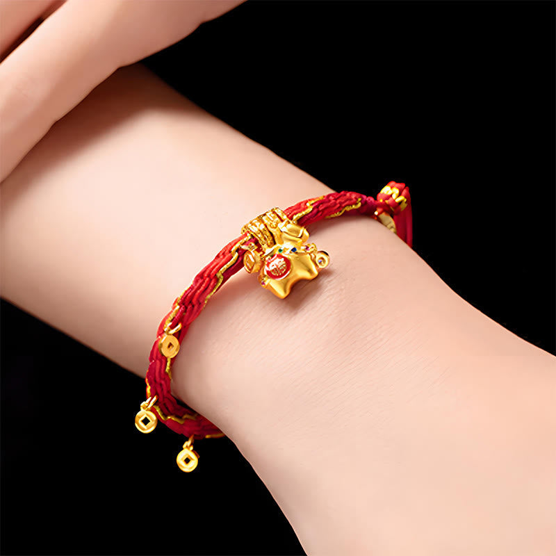 EverestArtStudios Copper Plated 18k Gold Year Of The Horse Fu Character Red String Luck Braided Bracelet