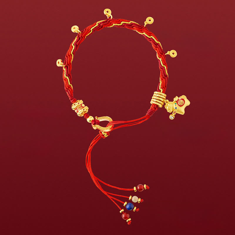 EverestArtStudios Copper Plated 18k Gold Year Of The Horse Fu Character Red String Luck Braided Bracelet