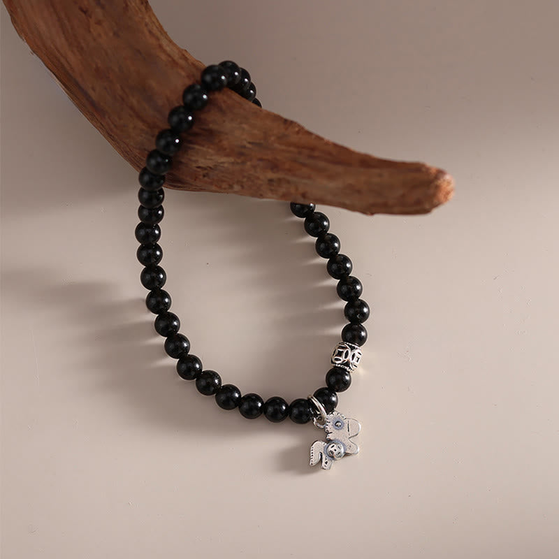 EverestArtstudios Year Of The Horse 925 Sterling Silver Natural Black Obsidian Strength Bracelet
