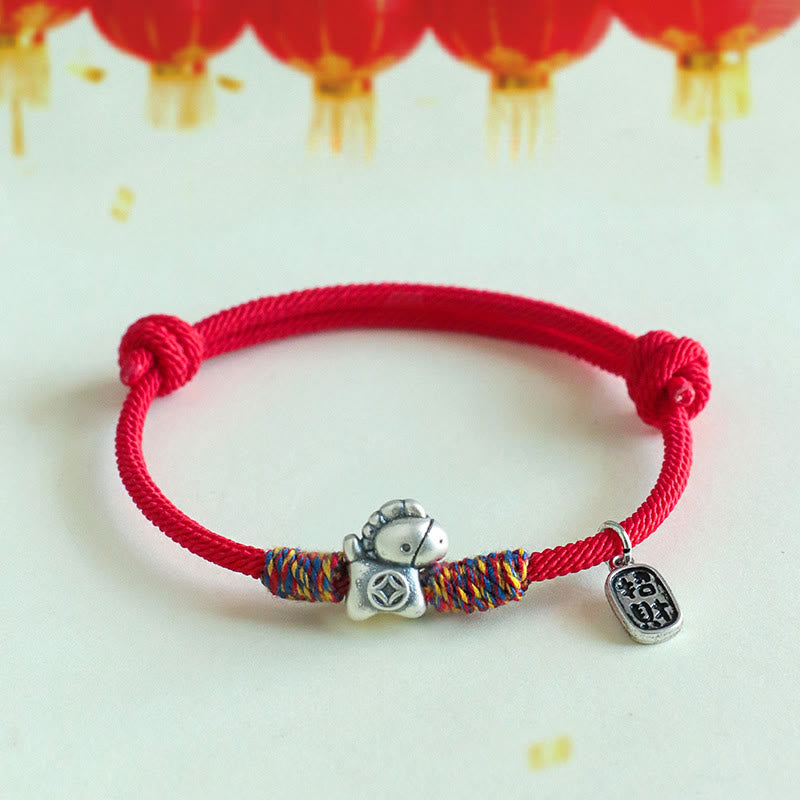 EverestArtstudios 999 Sterling Silver Year Of The Horse Fu Character Attract Fortune String Rope Luck Bracelet