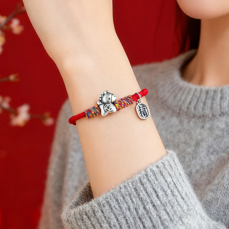 EverestArtStudios 999足银马年“福”字招财红绳手链