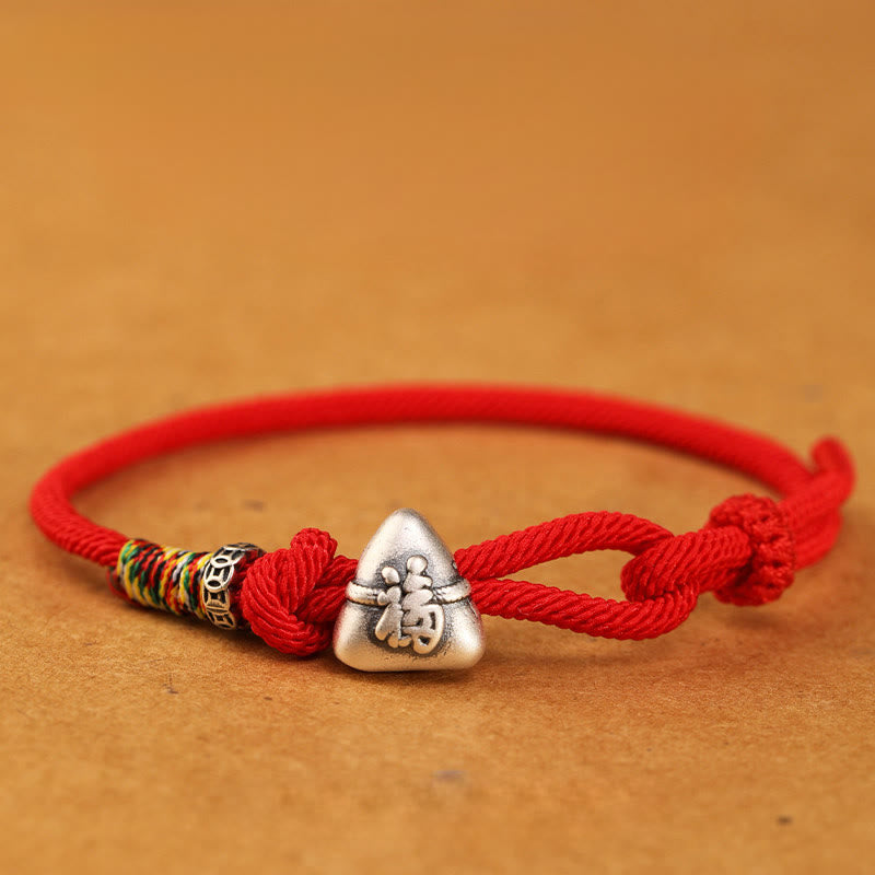 EverestArtStudios 999 Fine Silver Fu Symbol Zongzi Prosperity Fortune Cord Bracelet
