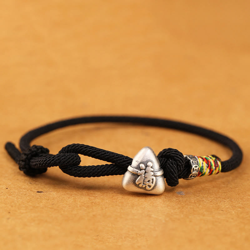EverestArtStudios 999 Fine Silver Fu Symbol Zongzi Prosperity Fortune Cord Bracelet