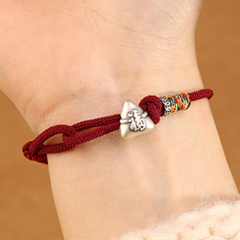 EverestArtStudios 999 Fine Silver Fu Symbol Zongzi Prosperity Fortune Cord Bracelet