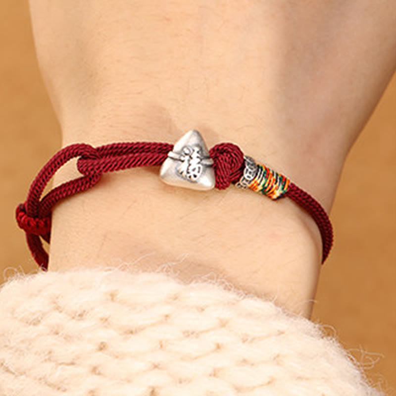 EverestArtStudios 999 Fine Silver Fu Symbol Zongzi Prosperity Fortune Cord Bracelet