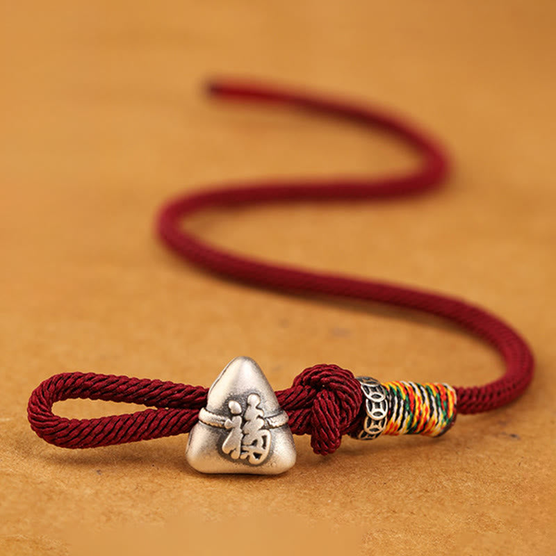 EverestArtStudios 999 Fine Silver Fu Symbol Zongzi Prosperity Fortune Cord Bracelet