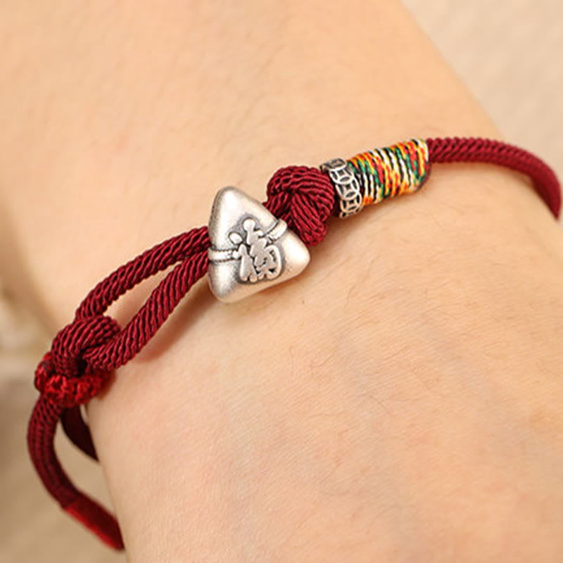EverestArtStudios 999 Fine Silver Fu Symbol Zongzi Prosperity Fortune Cord Bracelet
