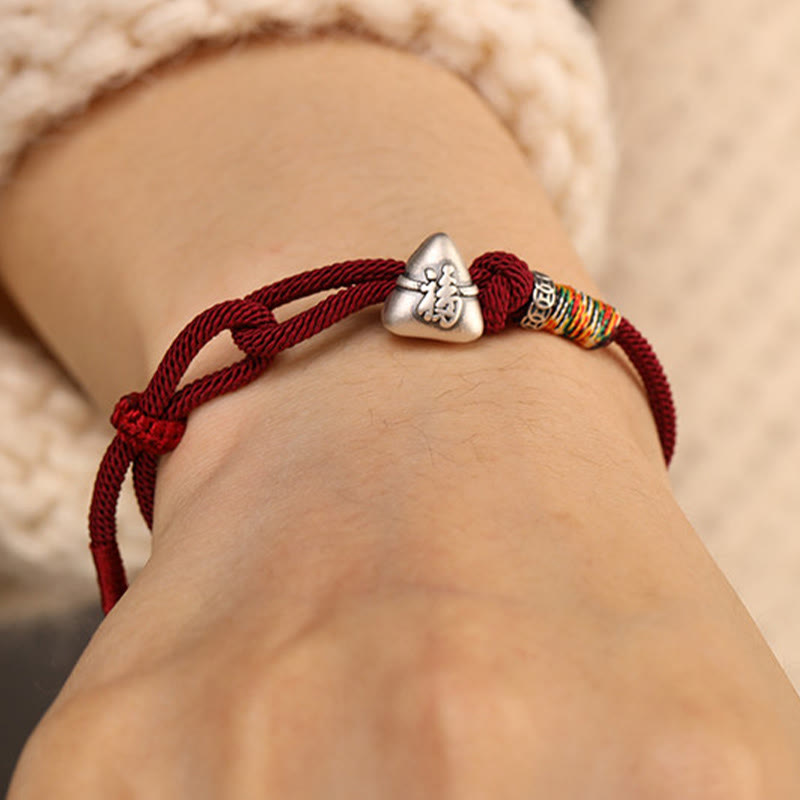 EverestArtStudios 999 Fine Silver Fu Symbol Zongzi Prosperity Fortune Cord Bracelet