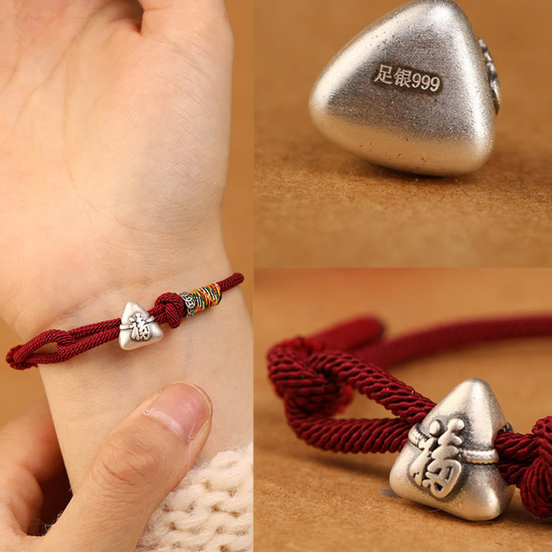 EverestArtStudios 999 Fine Silver Fu Symbol Zongzi Prosperity Fortune Cord Bracelet