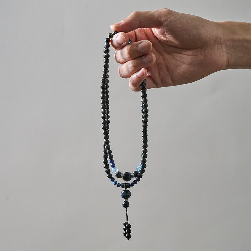 EverestArtstudios Black Obsidian Protection Handcrafted Round Tassel 108 Bead Mala