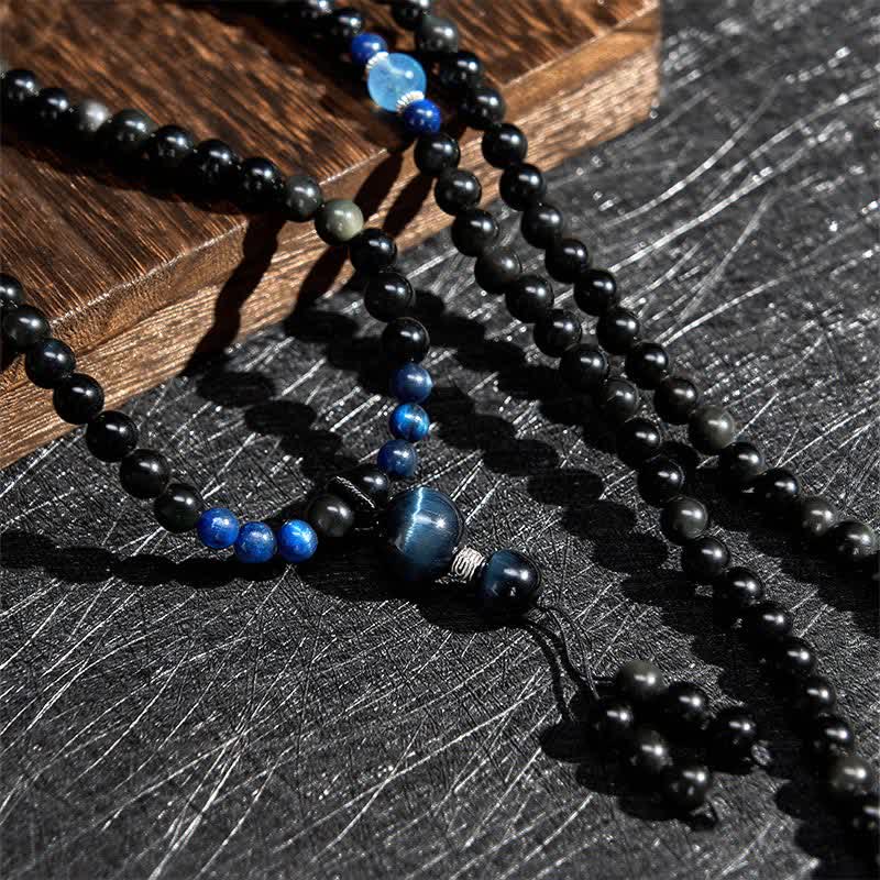EverestArtstudios Black Obsidian Protection Handcrafted Round Tassel 108 Bead Mala