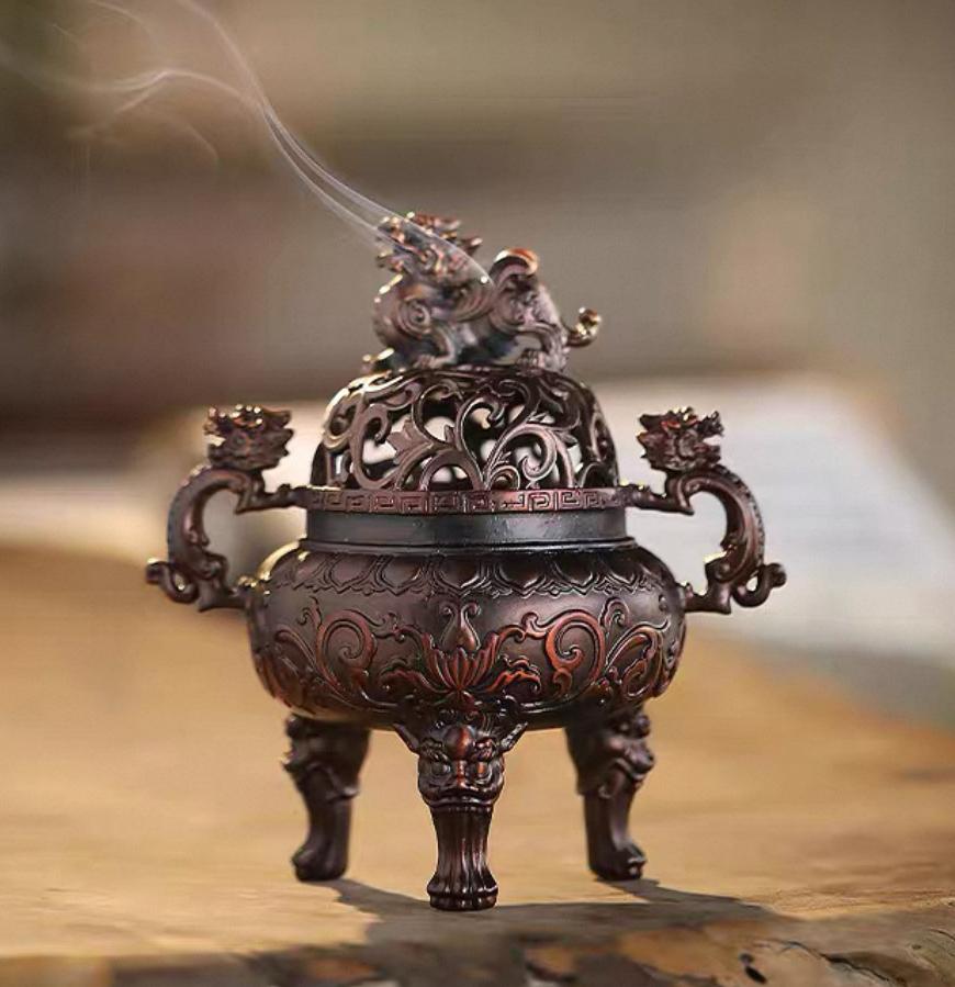 黃銅狻猊香爐：藏式古董香爐