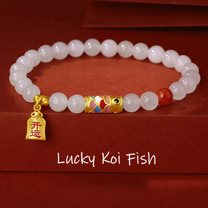 EverestArtstudios 925 Sterling Silver Hetian White Jade Red Agate Koi Fish Luck Happiness Bracelet