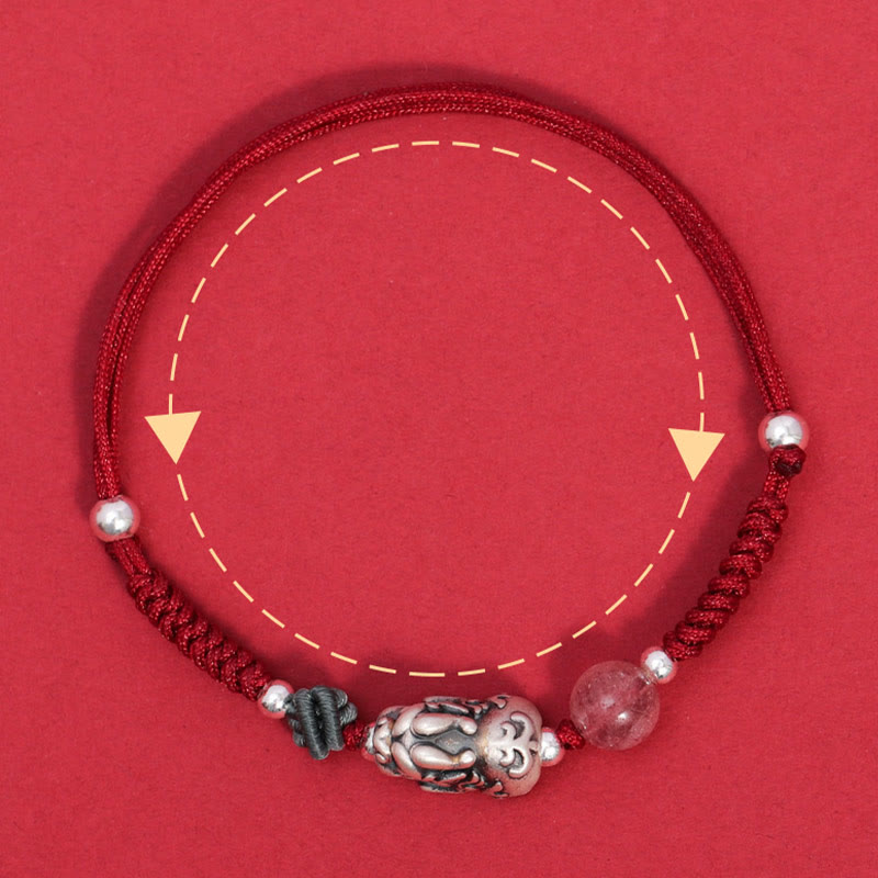 EverestArtStudios 999 Sterling Silver PiXiu Strawberry Quartz Bead Wealth Luck Braided Bracelet