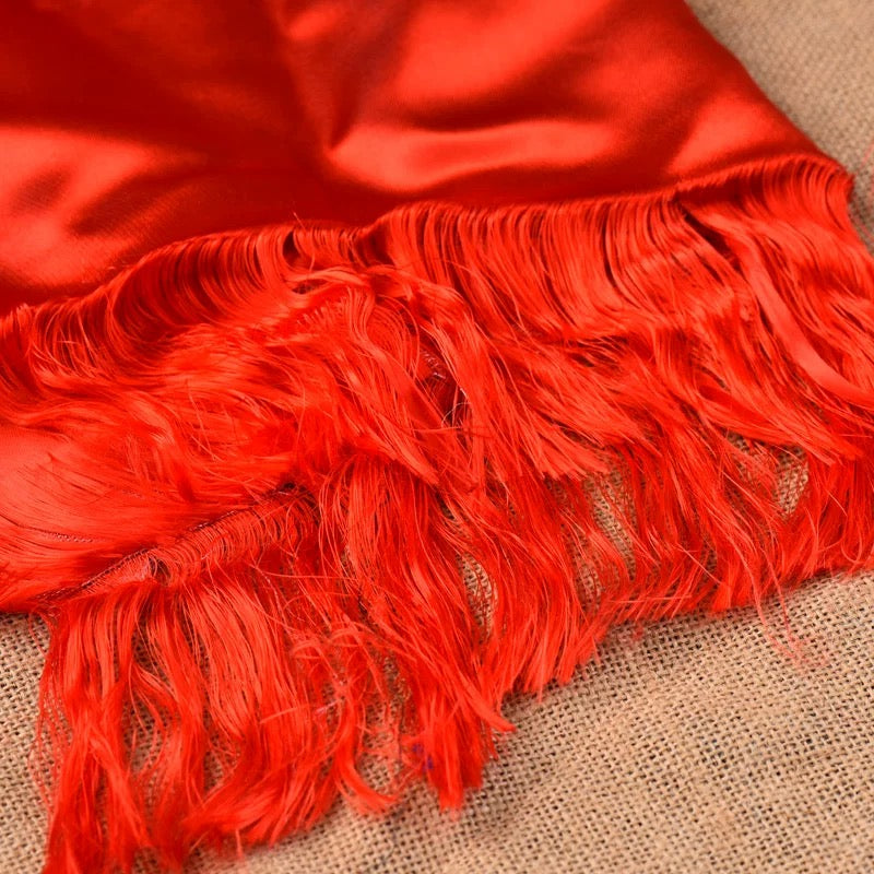 Red Embroidered Tibetan Khata Scarf with Eight Auspicious Symbol