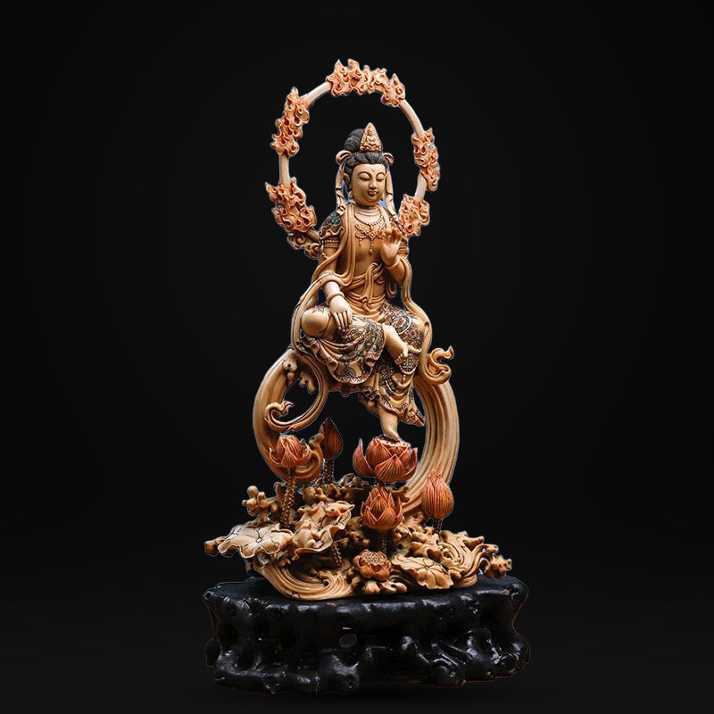 EverestArtStudios Natural Reclaimed Mammoth Ivory Water Moon Guanyin Avalokiteshvara Statue, Hand Carved Bodhisattva Sculpture, Buddhist Altar Decor, Collectible Art
